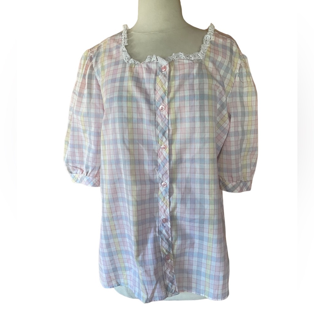1970s‎ Miss Fashionality Lace Collar Trim Button Down Shirt